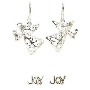 Silver Tone Angel Filigree Dangle Earrings‎ & Small Joy Studs Set